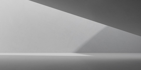 Fototapete - Abstract of concrete interior space with sun light cast the shadow on the wall and floor,Geometric structure design,Perspective of brutalism  architecture,3d rendering.