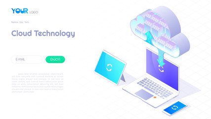 Wall Mural - cloud computing service concept, cloud data storage 3d isometric and cloud technology icon banner fo