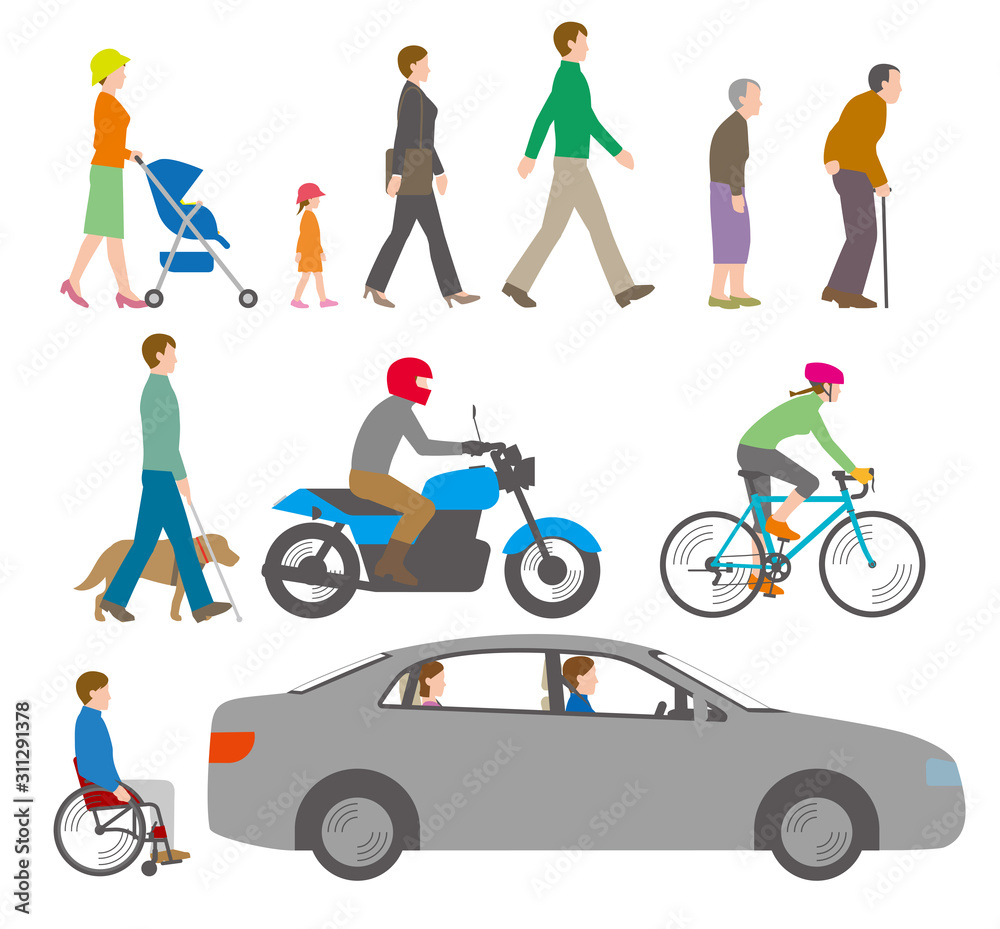 人 自転車 自動車を側面から見たイラスト Wall Mural Hiro 人 自転車 自動車を側面から見たイラスト Wall Mural Hiro
