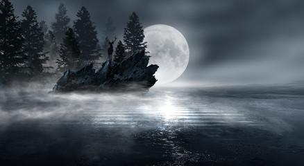 Wall Mural - futuristic night landscape with abstract forest landscape. dark natural forest scene with reflection