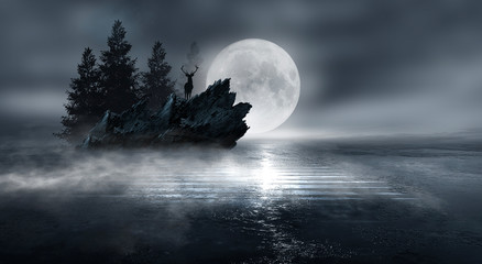 futuristic night landscape with abstract forest landscape. dark natural forest scene with reflection