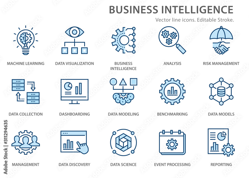 Business Intelligence icons set. Vector illustration. Editable stroke. - obrazy, fototapety, plakaty 