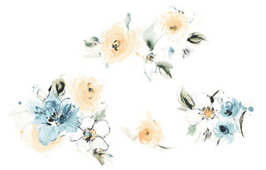 flowers watercolor illustration.manual composition.big set watercolor elements.