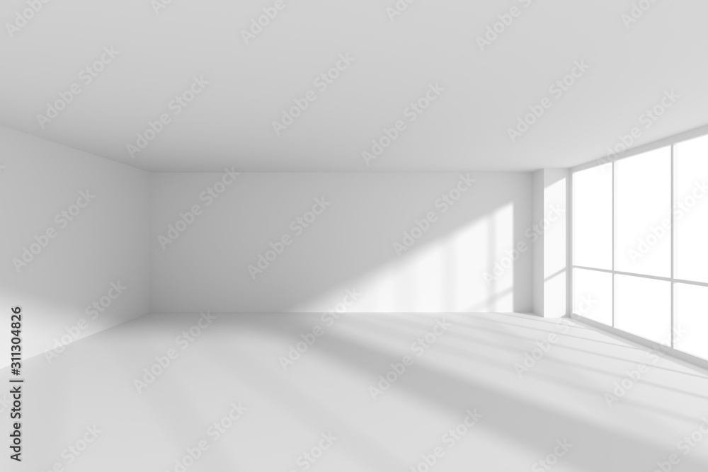 Empty white business office room with sunlight from large windows. - obrazy, fototapety, plakaty 