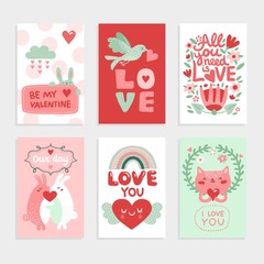 Valentines day card. Love pink design with heart, cute bird and happy rabbits, cat and romantic lettering vector greeting cards set. Romantic card valentine day, romance holiday illustration