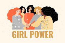 Congratulatory Banner For International Women's Day. Vector Illustration With Women Different Nationalities Holding Hands.