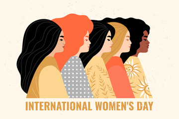 Congratulatory banner for International Women's Day. Vector illustration with women different nationalities