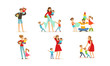 © topvectors - Tired Young Parents Exhausted with Nursing Little Kids Vector Illustrations Set