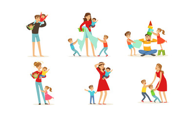 Sticker - Tired Young Parents Exhausted with Nursing Little Kids Vector Illustrations Set