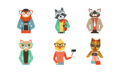 Poster - People with Animal Heads Vector Set. Mammal Characters Wearing Trendy Clothes