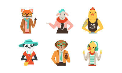 Wall Mural - People with Animal Heads Vector Set. Mammal Characters Wearing Trendy Clothes