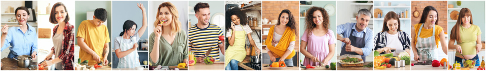 Canvas Print - Collage of photos with different people cooking in kitchen