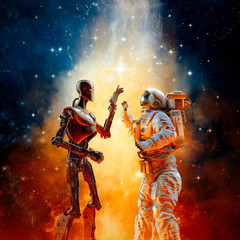 Wall Mural - galactic high five / 3d illustration of science fiction scene with astronaut greeting alien robot in