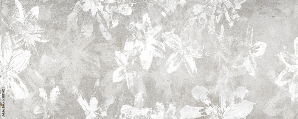 Flowers on the old white wall background, digital wall tiles or wallpaper design - obrazy, fototapety, plakaty 