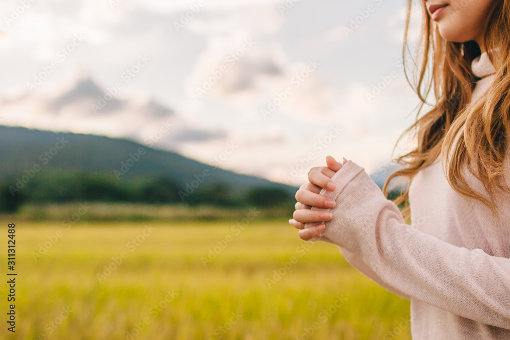 A young woman shows the symbol of prayer to God for the blessings of the Lord to find good things with faith in the sacredness and power of God on the blurred background of nature in the morning. - obrazy, fototapety, plakaty 