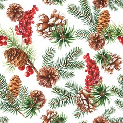 Watercolor winter botanical seamless pattern, repeating background. Christmas holiday season design.