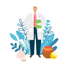 Doctor Homeopath. Naturopath, Treatment With Natural Products. Doctor, Herbs And Traditional Medicine Vector Illustration