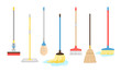 © ssstocker - Brooms and mops equipment. Hygiene handling equipments objects vector illustration, household mop and housework broom tools isolated on white background