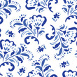 Blue Hand-Drawn Folk Classic Chintz Floral Vector Seamless Pattern on White Background