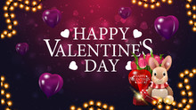 Happy Valentine's Day, Purple Postcard With Purple Heart Shaped Balloons, Garland And Plush Rabbit With A Bouquet Of Tulips