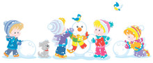 Happy Little Kids Making Big Snow Balls And Sculpting A Friendly Smiling Funny Snowman With A Colorful Scarf, Vector Cartoon Illustration