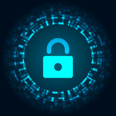 Wall Mural - Cyber security illustration, blue light lock icon in data digital circle on dark background.