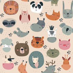 Vector seamless pattern with cute animal faces in simple scandinavian style.