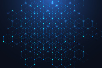 Fototapete - Technology abstract lines and dots connect background with hexagons. Hexagons connection digital data and big data concept. Hex digital data visualization. Vector illustration.