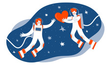 Two Astronauts In Outer Space. A Man Gives A Red Heart To A Woman Among The Stars.. Greeting Card Or Banner For Valentine S Day. The Trending Colors Lush Lava And Bluest Blues. Cosmic Love. Cosmonaut.