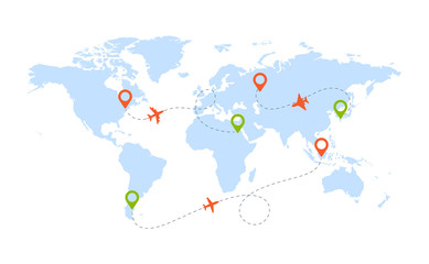 Poster - Aircraft route. Worldwide map with pictograms of planes and shapes travel route direction in sky vector background. Illustration trip worldwide travel aviation