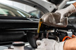 © LIGHTFIELD STUDIOS - partial view of mechanic pouring motor oil at car engine