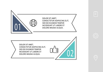 Vector infographic flat template. Shape with icons for two diagrams, graph, flowchart, step for step, timeline, marketing, presentation. Business concept with 2 labels