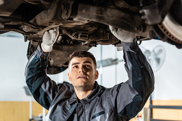 Wall Mural - attentive mechanic examining raised car in workshop