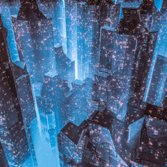 Wall Mural - city of the future / 3d illustration of dark futuristic science fiction cyberpunk city at night