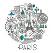 Paris France vector sketch logo. Circle composition with landscape elements: houses, domes, bridges. tour Eiffel. Lines illustration for posters and souvenirs.
