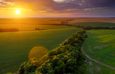 aerial top view of green rural area under colorful sky at sundown.