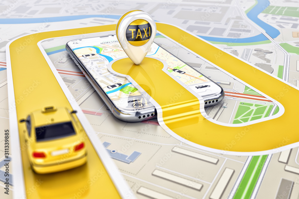 Online mobile application taxi ordering service concept, yellow taxi car driving along the route to the marker on a smartphone, on a city map - obrazy, fototapety, plakaty 
