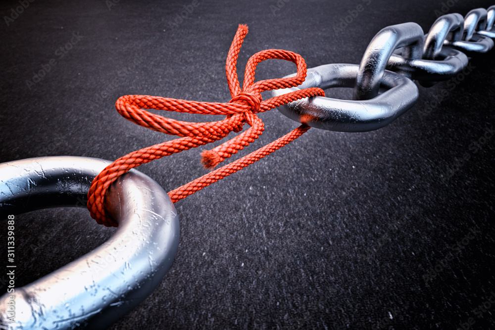 Weakness Rope Weakest link, security break fix and strength concept, metallic chain ...