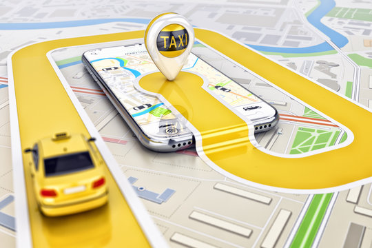 online mobile application taxi ordering service concept, yellow taxi car driving along the route to 