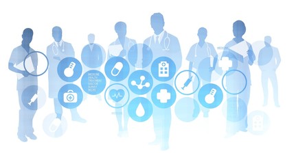 Silhouettes of a group of doctors on a white background