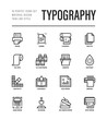 Typography, polygraphy thin line icons set. Printing, scanning, flexography, offset, roll paper, color palette, lamination, heat transfer printing, embossing. Vector illustration.