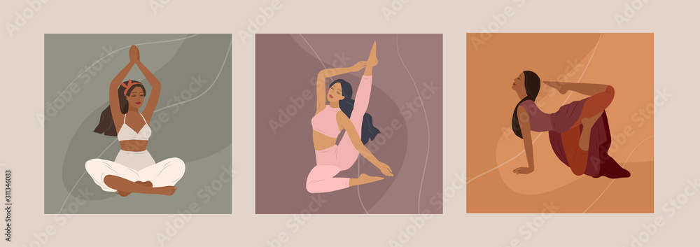 Feminine concept. Cute girl doing yoga poses. Lifestyle by young woman. Fashion illustration by femininity, beauty and mental health. Vector cartoon - obrazy, fototapety, plakaty 