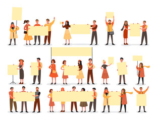 Wall Mural - People hold banner set. Collection of group of character with blank empty board