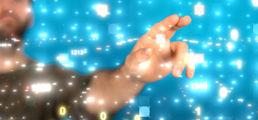 Businessman pressing document icon over computer binary code