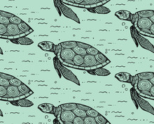Seamless Texture With Turtle. Repeating Pattern. Sea Turtle Theme.