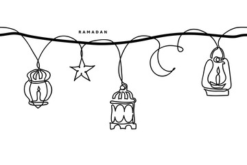 Ramadan simple black and white seamless vector border. Lantern, half moon, star garland. Ramadan minimal one continuous line drawing background.