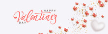 Happy Valentine's Day. Romantic Background Design With Butterflies, White Hearts And Glitter Confetti. Flying Pink Butterfly. Greeting Card, Banner, Web Poster. Festive Vector Illustration.