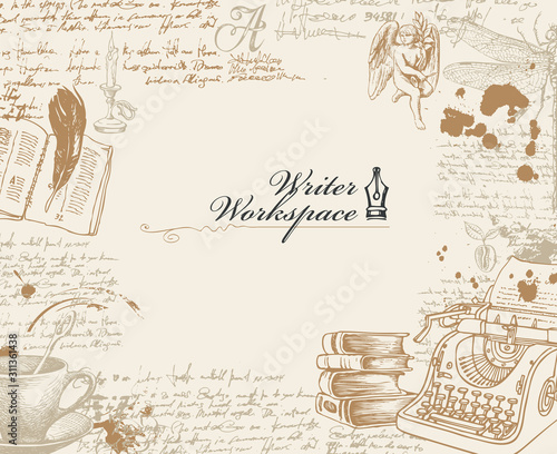 Fotomural Vector banner on a writers theme with sketches and place for text in retro style