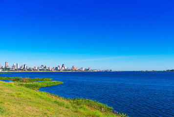 view of the city from the side of the paraguay river, asuncion, paraguay. copy space for text.