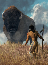 A Native American Warrior Is Hunting In The Grasslands Of The American West. Before Him Is A Massive Bison Bull Towering Over Him. 3D Rendering